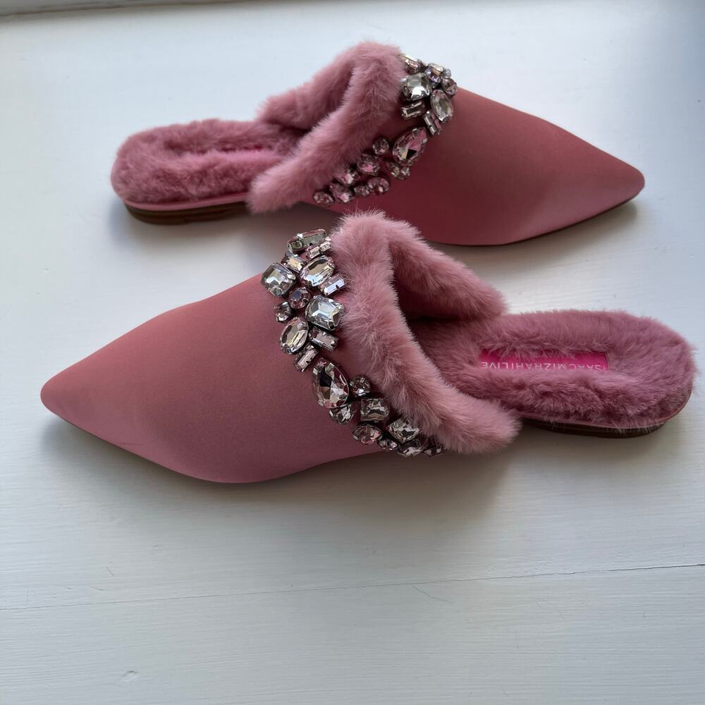 Isaac Mizrahi Live! Embellished Mule Pink 6.5 M Rhinestone Rimmed Faux Fur - Picture 1 of 9